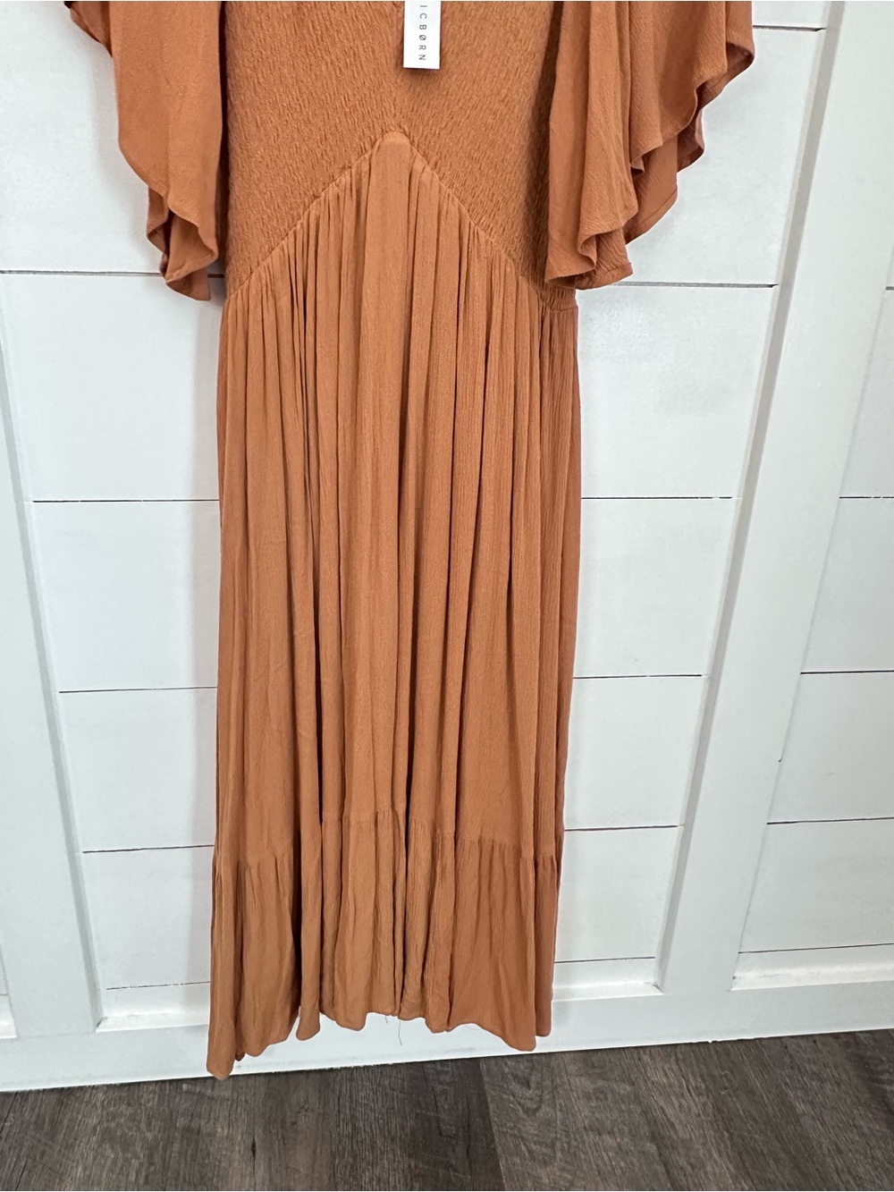 NEW L Baltic Born Felicity smocked flounce sleeve halter chest Carmel midi dress - Picture 4 of 16